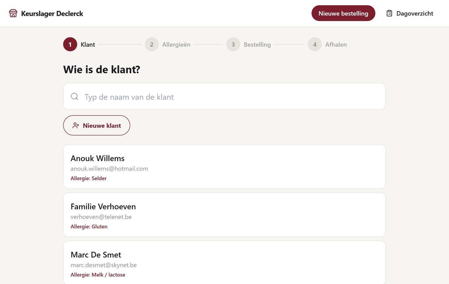 Startscherm van de bestel-app: klant kiezen
